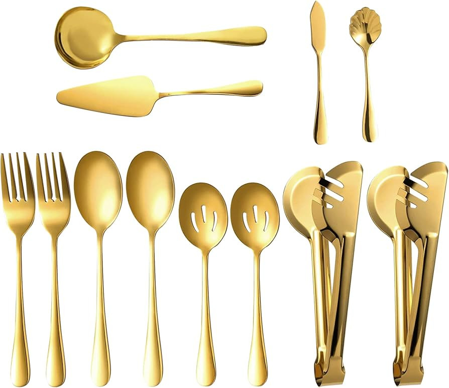 Gold Serving Utensils Set of 12, Stainless Steel Serving Sets with, 9.8''Serving Forks, Slotted S... | Amazon (US)