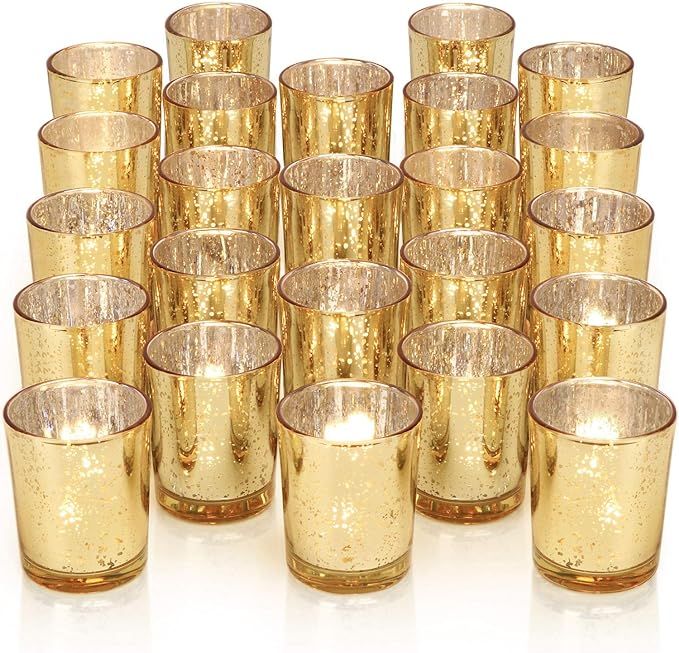 DARJEN 24Pcs Gold Votive Candle Holders for Table - Mercury Glass Votives Gold Candle Holder - Te... | Amazon (US)