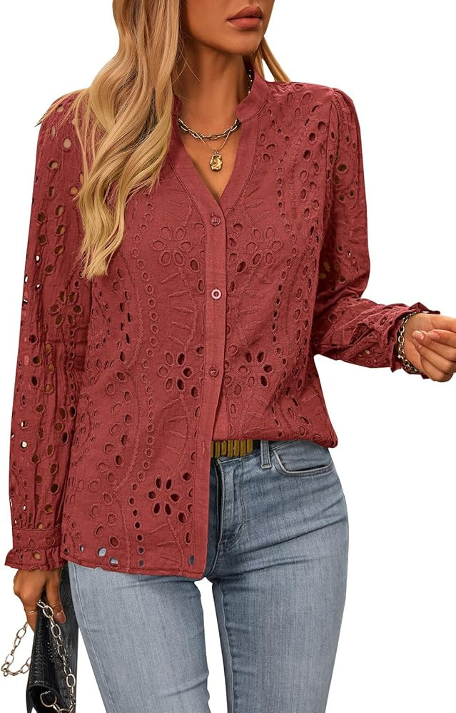 NALANISA Women's Fashion Long Sleeve Button Down Blouse Dressy Casual V Neck Eyelet Embroidery Ho... | Amazon (US)