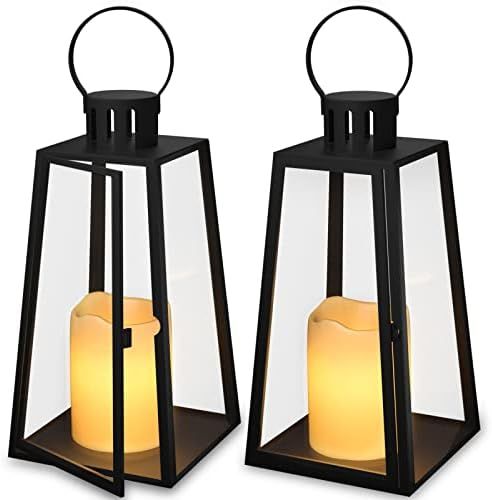 SHYMERY Lantern Decorative,Black Outdoor Lantern with Timer LED Flickering Candles,Set of 2 Battery  | Amazon (US)