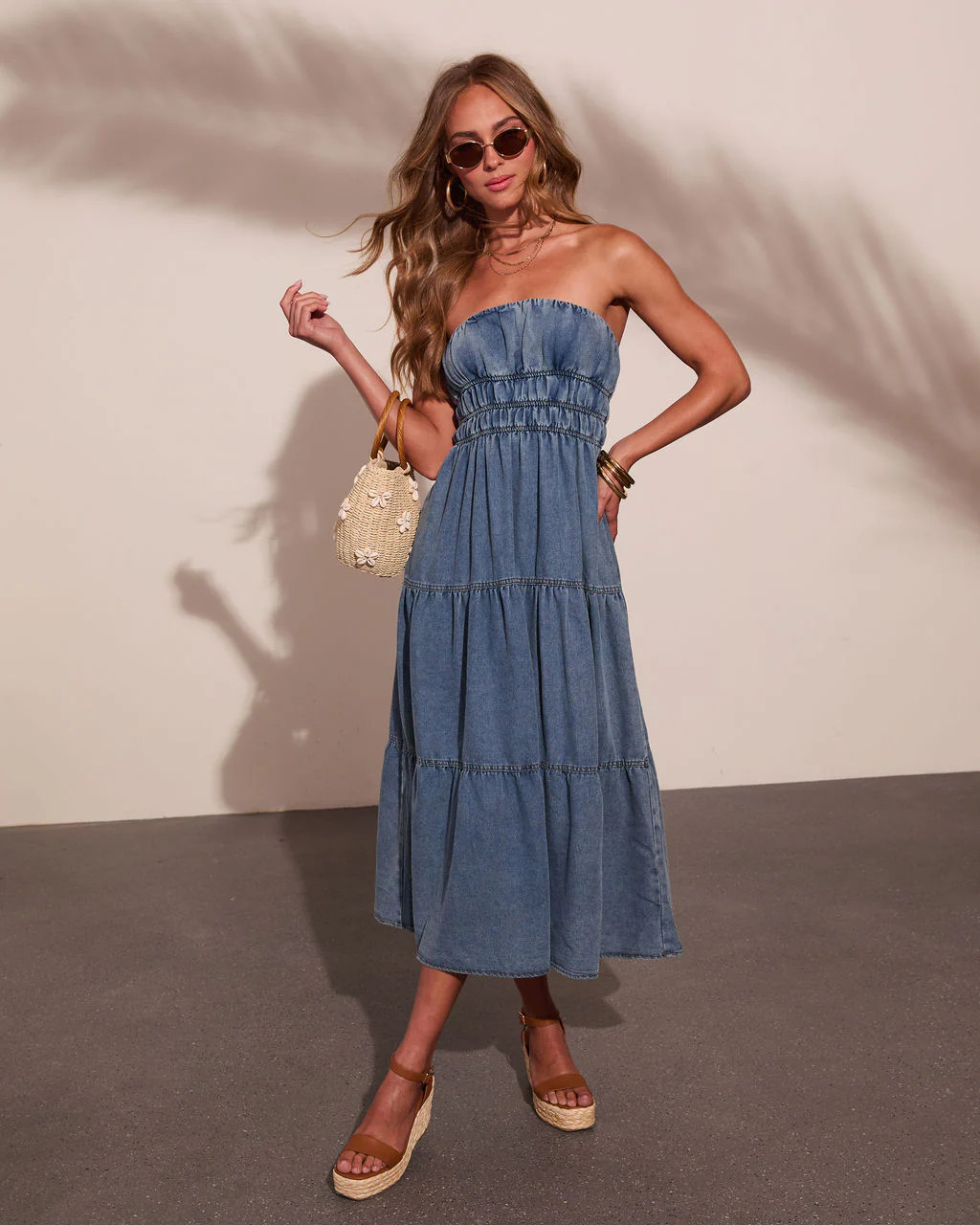 Jaclyne Strapless Tiered Chambray Maxi Dress | VICI