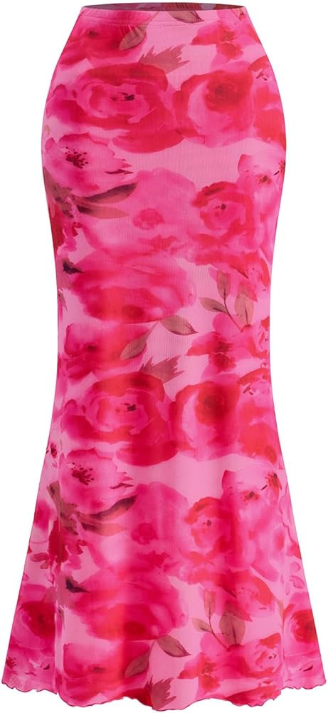 PRETTYGARDEN Women's Floral Print Mesh Long Skirt High Waisted Bodycon Fishtail Flowy Summer Maxi... | Amazon (US)