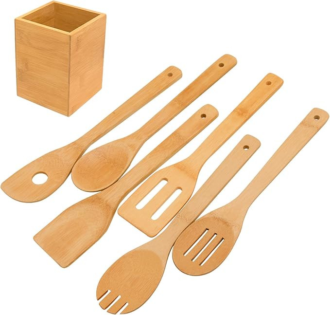 Kitchen Cooking Utensils Set - 6 Pieces Bamboo Wooden Spoons & Spatulas and 1 Holder as House War... | Amazon (US)