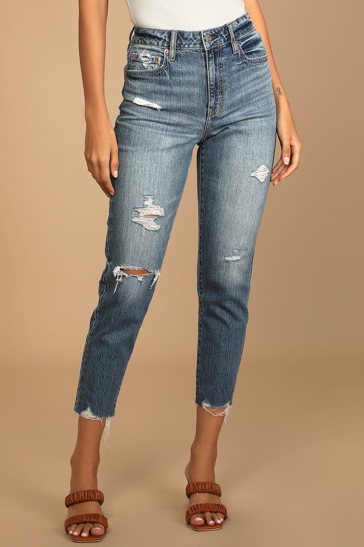 The Original Medium Wash Denim Distressed High Rise Mom Jeans | Lulus (US)