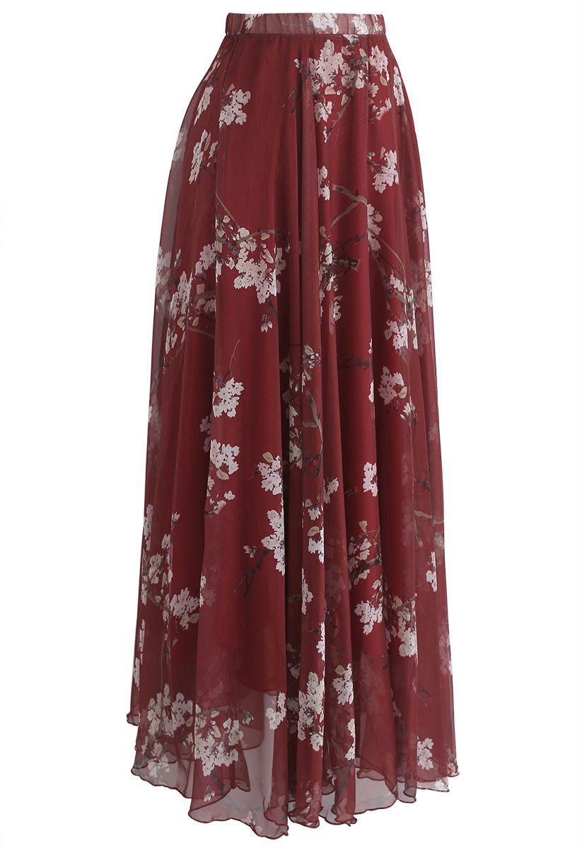 Plum Blossom Watercolor Maxi Skirt in Wine | Chicwish