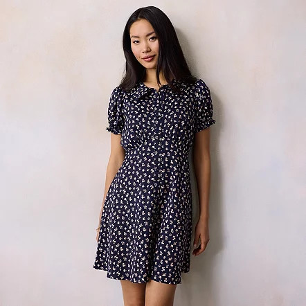 Women's LC Lauren Conrad Ruffle Collar Button Front Mini Dress, Size: Large, Blue Alice Ditzy | Kohl's