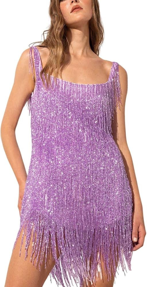 Women Tassel Fringe Sling Cami Dress Sleevelss Sparkly Club Night Out Dancewear Fashion Flapper B... | Amazon (US)