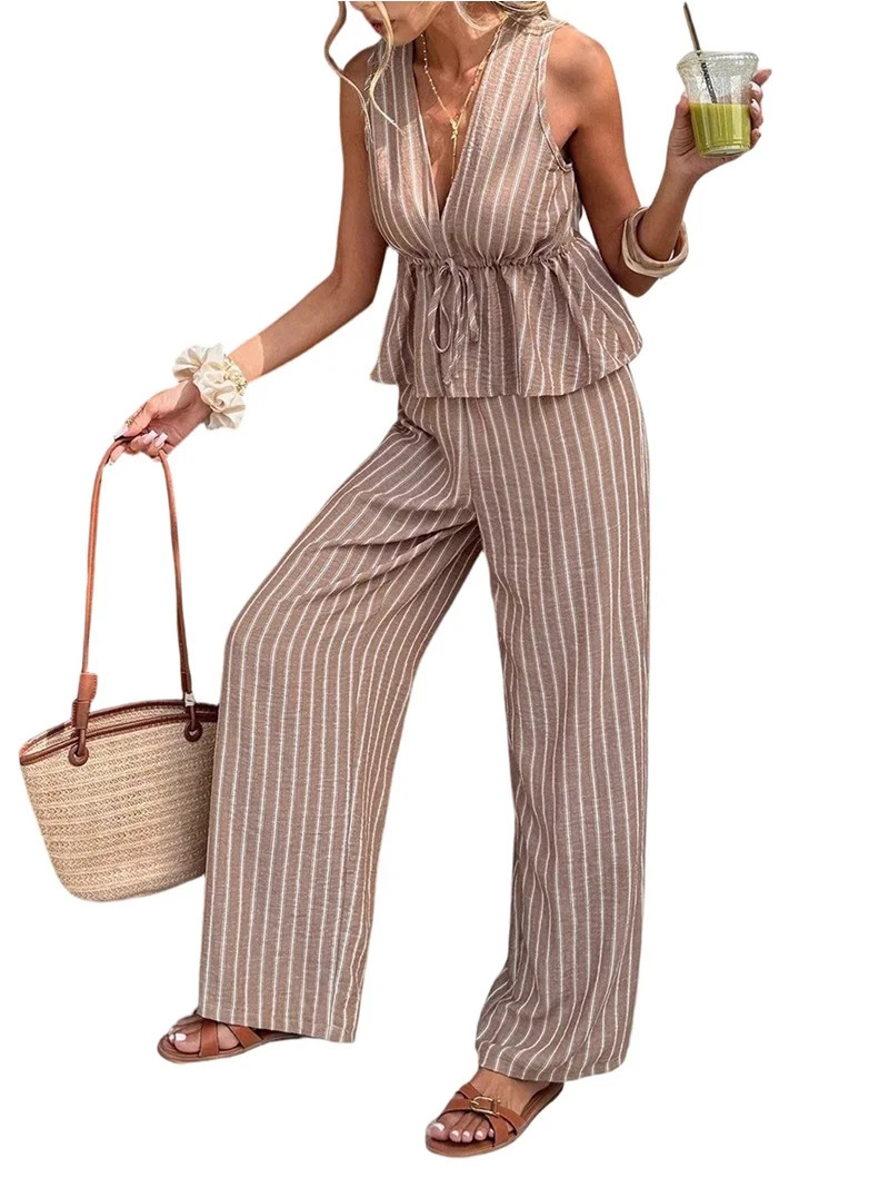 Women's 2 Piece Set Outfits Gingham Plaid Lace-Up Tank Tops Wide Leg Pants Matching Lounge Sets B... | Walmart (US)