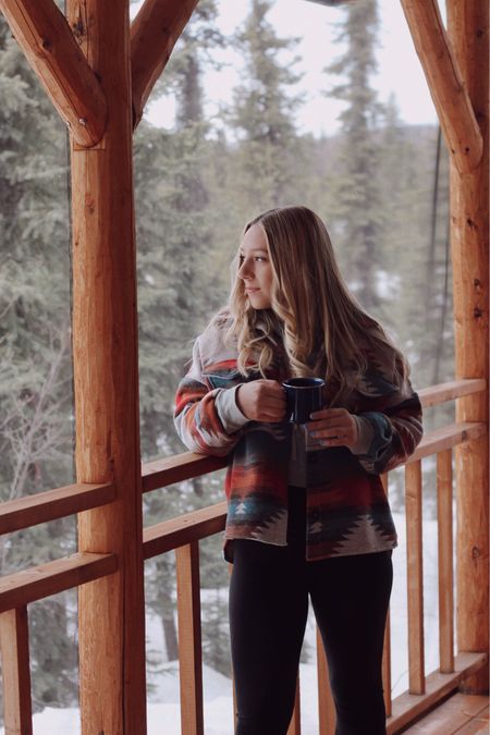 Alaska files! 🪵🌲❄️ Linking this cozy cabin look for winter. Wearing a small in the jacket and flare leggings! #alaska #travel #cabinvibes #cabin 

#LTKSeasonal #LTKtravel #LTKstyletip