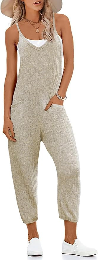 Ekouaer Jumpsuits for Women Sleeveless Spaghetti Strap Ribbed Overall Jumpsuit V Neck Summer Romp... | Amazon (US)