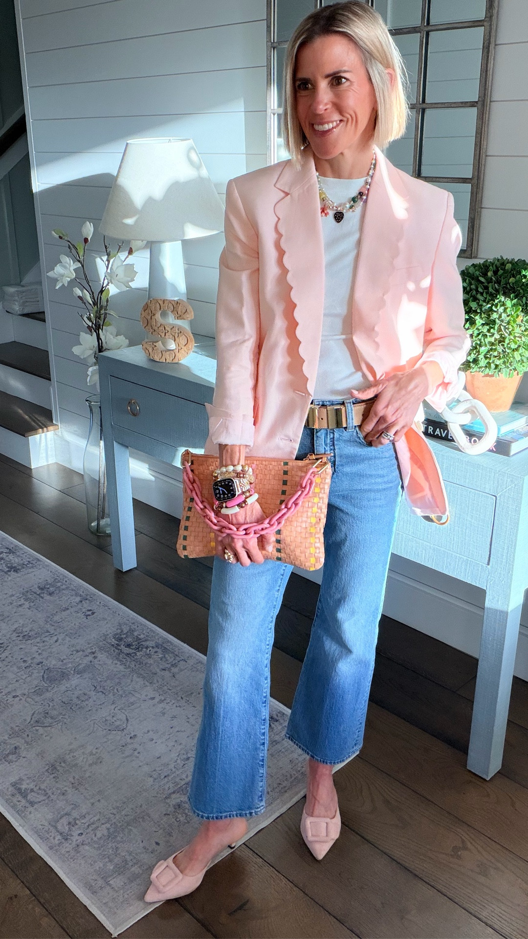 Truly the perfect pink 🩰 and at 40% off how can you resist?? Share PINK below for this little stunner 🩷

This linen blend blazer is so beautiful on. The scallop detail makes it so feminine and I like the longer length. I did get an XXS because it is a more oversized fit. Jeans, belt and blazer are all 40%  

#LTKWorkwear #LTKootd #LTKgrwm