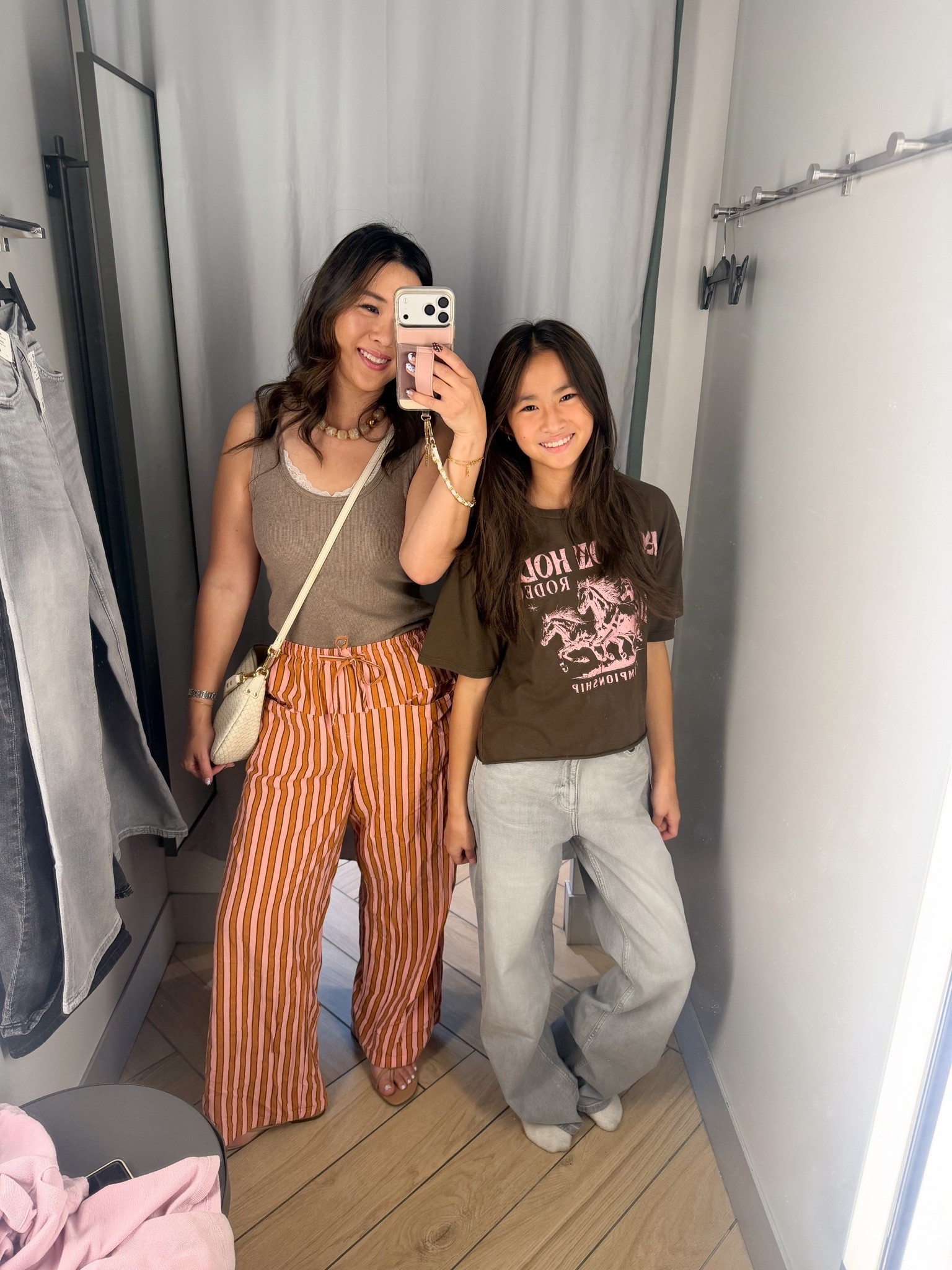 My outfit
Bra free tank: Medium
Striped Pants: Medium

Linking the best denim for tween girls who are too big for most girls sizes and too small for Women’s sizes! Vivian is 4’11” and wears H&M size 12-13 and Hollister 000 Short.