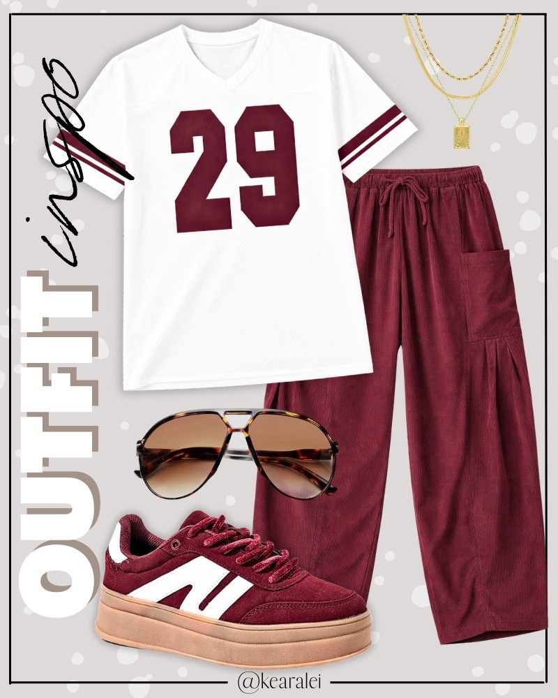 Spring outfits 2026 summer outfit cool mom outfit casual outfits sporty outfit game day outfit Free People inspired outfit looks for less Amazon fashion affordable outfits red maroon jersey varsity oversized shirt y2k top graphic number tees with burgundy maroon corduroy wide leg pants elastic waist drawstring barrel leg pants barrel jeans wine red maroon gazelle adidas sneakers platform retro shoes lucky step sneakers look for less boho outfit casual mom outfit momiform mom style midsize outfit football outfit game day retro aviator sunglasses || #freepeople #boho #amazon #walmart #target #fashion 
.
.
deals sales sale alert Amazon fashion, teacher outfits, business casual, casual outfits, neutrals, street style, Midi skirt, Maxi Dress, Swimsuit, Bikini, Travel, skinny Jeans, Puffer Jackets, Concert Outfits, Cocktail Dresses, Sweater dress, Sweaters, cardigans Fleece Pullovers, hoodies, button-downs, Oversized Sweatshirts, Jeans, High Waisted Leggings, dresses, joggers, fall Fashion, winter fashion, leather jacket, Sherpa jackets, Deals, shacket, Plaid Shirt Jackets, apple watch bands, lounge set, Date Night Outfits, Vacation outfits, Mom jeans, shorts, sunglasses, Disney outfits, Romper, jumpsuit, Airport outfits, biker shorts, Weekender bag, plus size fashion, Stanley cup tumbler, boots booties tall over the knee, ankle boots, Chelsea boots, combat boots, pointed toe, chunky sole, heel, high heels, mules, clogs, sneakers, slip on shoes, Nike, adidas, vans, dr. marten’s, ugg slippers, golden goose, sandals, loafers, Birkenstocks, Steve Madden Target, Abercrombie and fitch


#LTKSeasonal #LTKSaleAlert #LTKootd