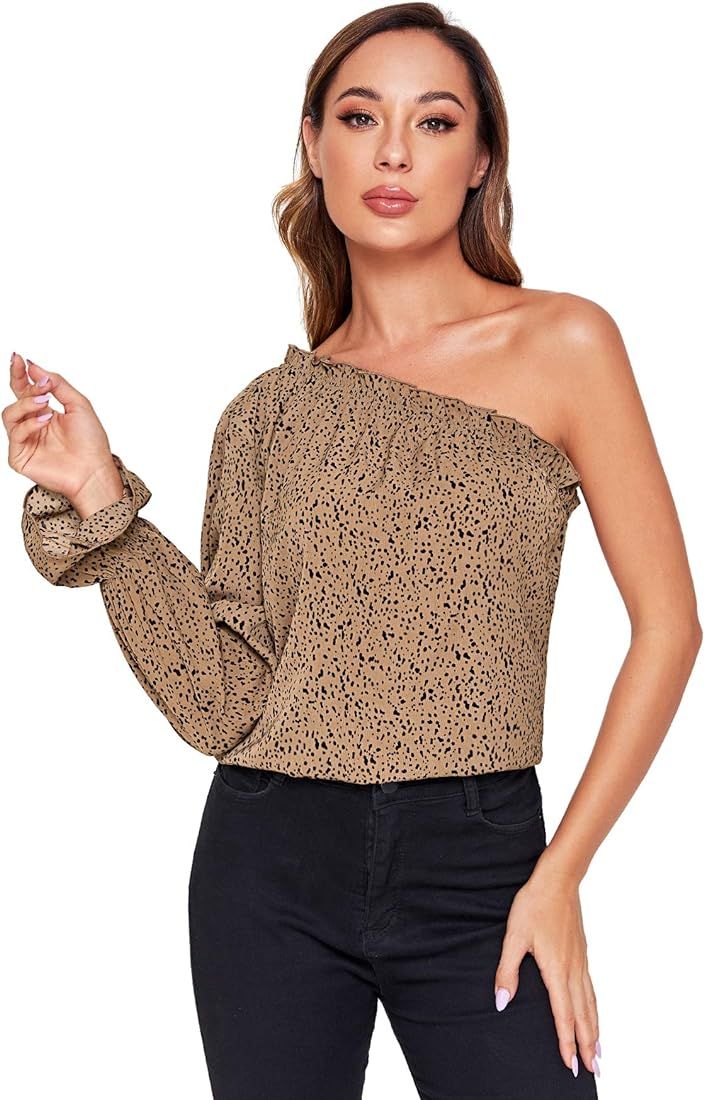 SheIn Women's Leopard Print One Shoulder Blouse Long Sleeve Ruffle Frill Shirt Tops | Amazon (US)