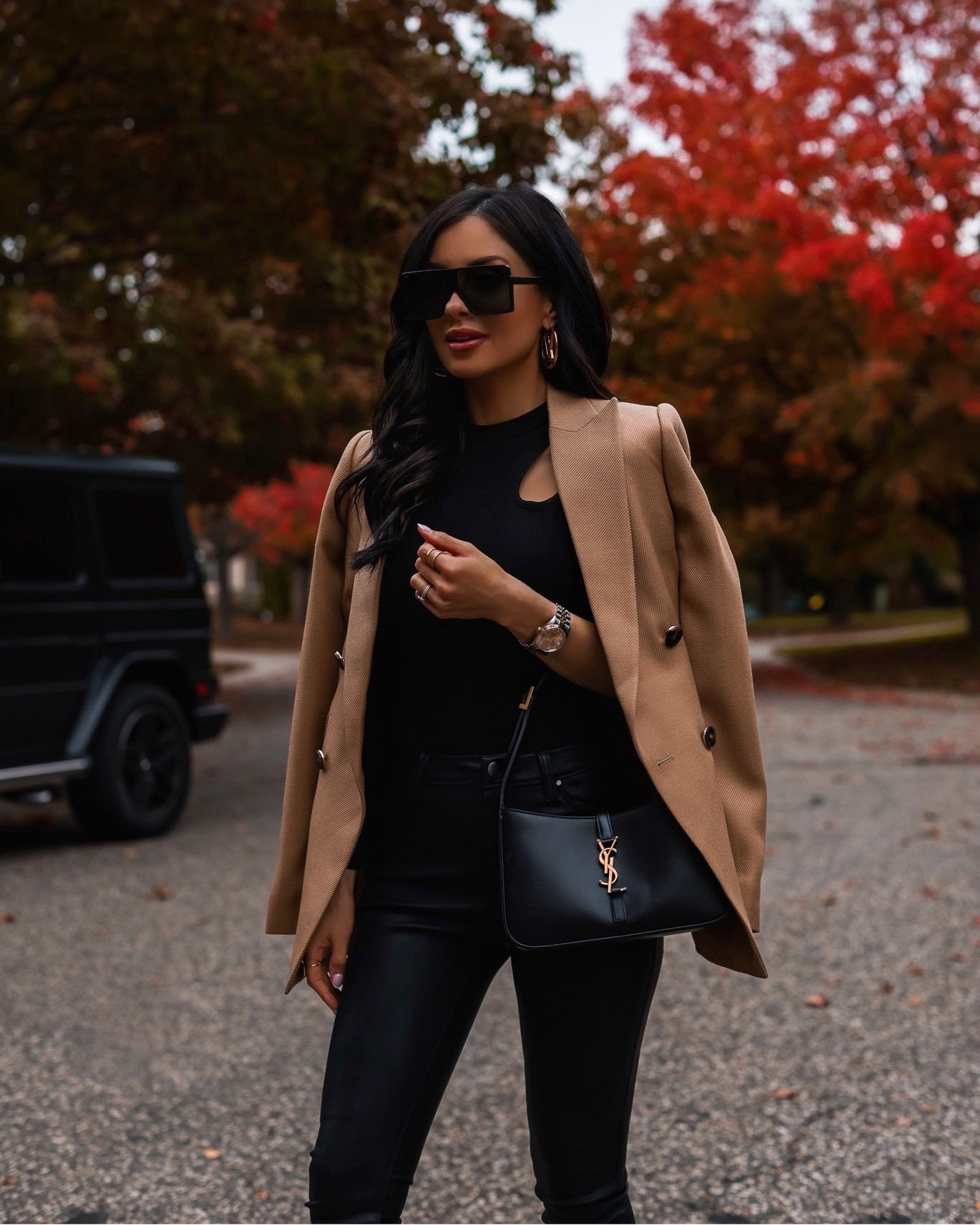 Fall work outfit ideas / transitional fall outfit
Best selling cutout bodysuit from Revolve
Reiss camel blazer
BlankNYC faux leather pants 

#LTKunder50 #LTKunder100 #LTKworkwear