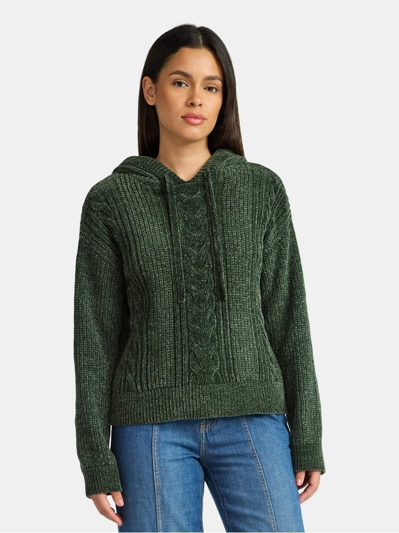 Time and Tru Women's Velveteen Hoodie Pullover Sweater with Long Sleeves, Sizes XS-XXXL | Walmart (US)