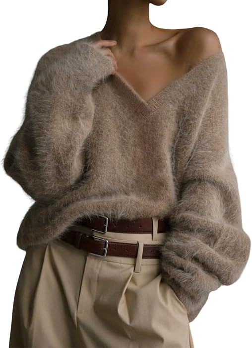 Yimoon Fuzzy Sweater for Women V Neck Fluffy Pullover Sweater | Amazon (US)