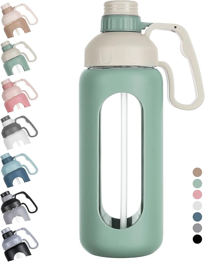 MUKOKO 56oz Glass Water Bottle with Straw, Motivational Water Bottle with Silicone Sleeves and Ha... | Amazon (US)