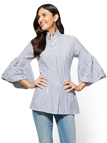 Striped Balloon-Sleeve Ruffled Poplin Tunic - Navy | New York & Company