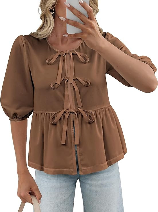Women's Tie Front Peplum Blouses Puff Short Sleeve Crewneck Shirt Cute Y2K Coquette Babydoll Goin... | Amazon (US)