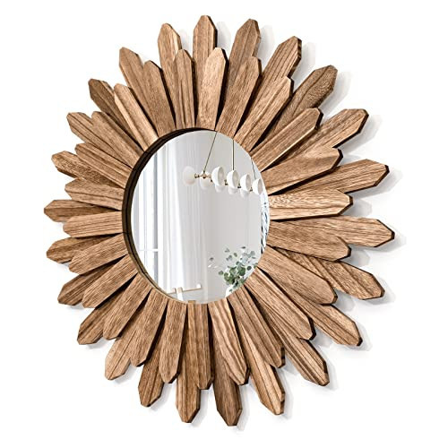 Honiway Mirror Wall Decor 21 inch Rustic Wood Boho Aesthetic Mirror for Room & Home Decor Farmhouse Wall Decor at Living Room Bedroom Carbonized Black | Amazon (US)