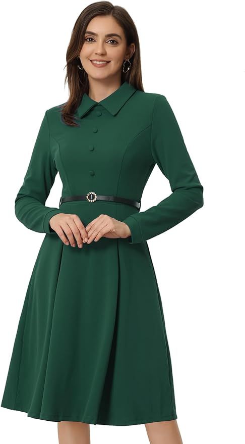 Allegra K Women's Elegant Long Sleeve Button Decor Belted Below Knee Length A-Line Work Dress | Amazon (US)