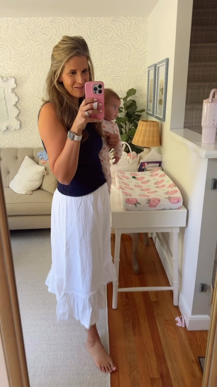 This midi skirt is postpartum friendly with the smocking waist band and honorable mention to this double lined tank

#LTKootd #LTKdayinmylife
