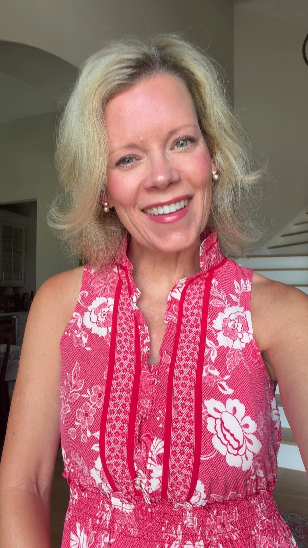 Such a beautiful dress that you can wear now and wear in the fall with a cardigan or denim jacket. It also comes in blue. I am wearing my regular size! ￼