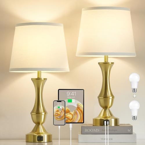 Luvkczc 22" Gold Table Lamps Set of 2 - Modern Luxury Bedside Lamps with White Fabric Shade, 3-Way Dimmable & Dual USB C+A Ports, Nightstand Lamps for Bedroom/Living Room (Bulb Included) | Amazon (US)