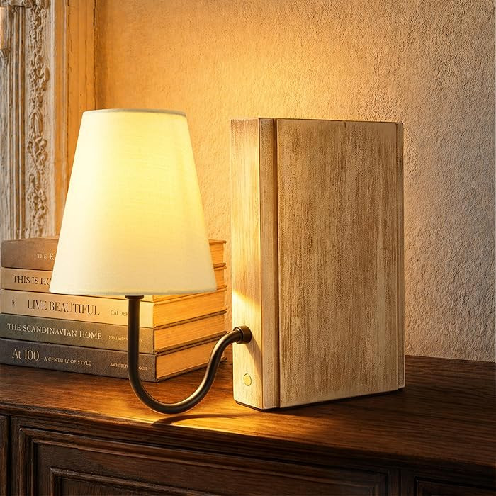 Wooden Bookshelf Lamp with Bulb, Cordless Rechargeable Touch Dimmable Table Lamp with Linen Fabri... | Amazon (US)