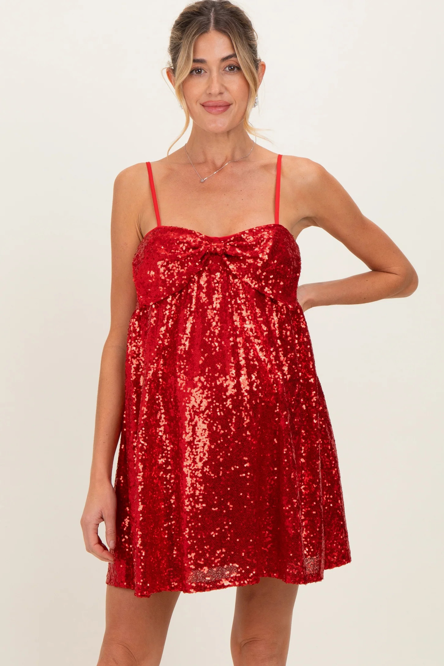 Red Bow Front Sleeveless Sequin Maternity Mini Dress | PinkBlush Maternity