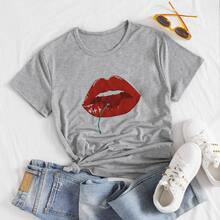 Cherry & Lip Print Round Neck Tee | SHEIN