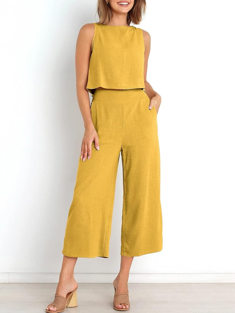 ANRABESS Women's Summer 2 Piece Outfits Sleeveless Tank Crop Button Back Top Cropped Wide Leg Pants  | Amazon (US)