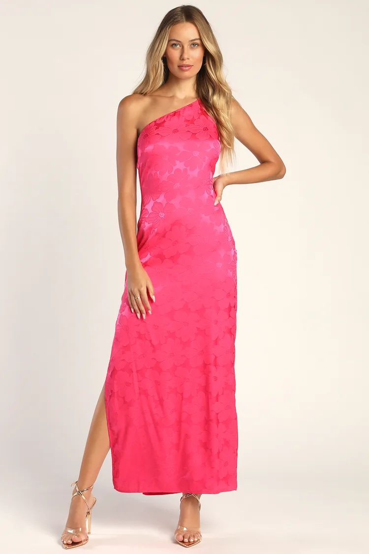 Chasing Desire Hot Pink Satin Jacquard One-Shoulder Maxi Dress | Lulus (US)