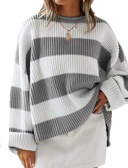 ZESICA Women's 2026 Fall Long Sleeve Oversized Striped Color Block Comfy Loose Crew Neck Knitted ... | Amazon (US)