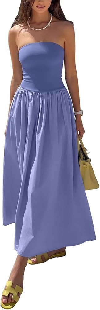 REORIA Women's Summer Tube Top Maxi Dress Sexy A Line Flowy Wedding Guest Long Dresses with Pocke... | Amazon (US)
