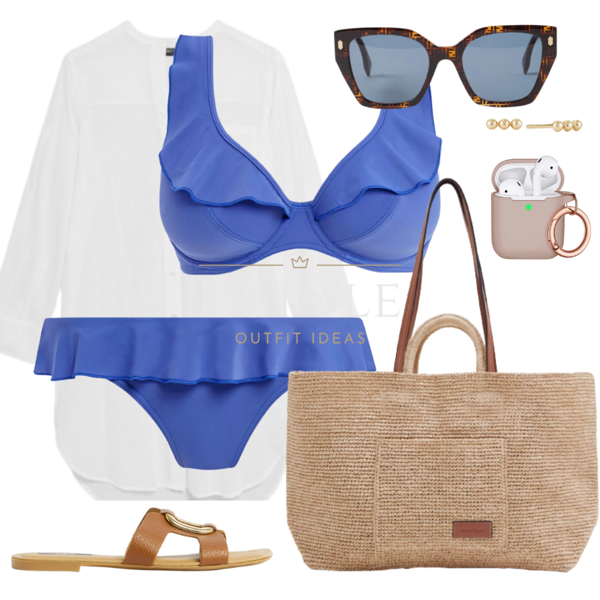 Feeling blue in the best way possible 💙👙☀️ This Jewel Cove Wired Bikini in blue is paired with a white beach cover-up shirt, leather ring detail flat sliders in tan color, a large woven straw tote bag, spheres bar studs in gold, air pods, and oversized cat-eye sunglasses. Whether you're lounging on the sand or soaking up the sun, this outfit is perfect for adding a pop of color and style to your beach day.

#LTKSeasonal #LTKswim #LTKstyletip