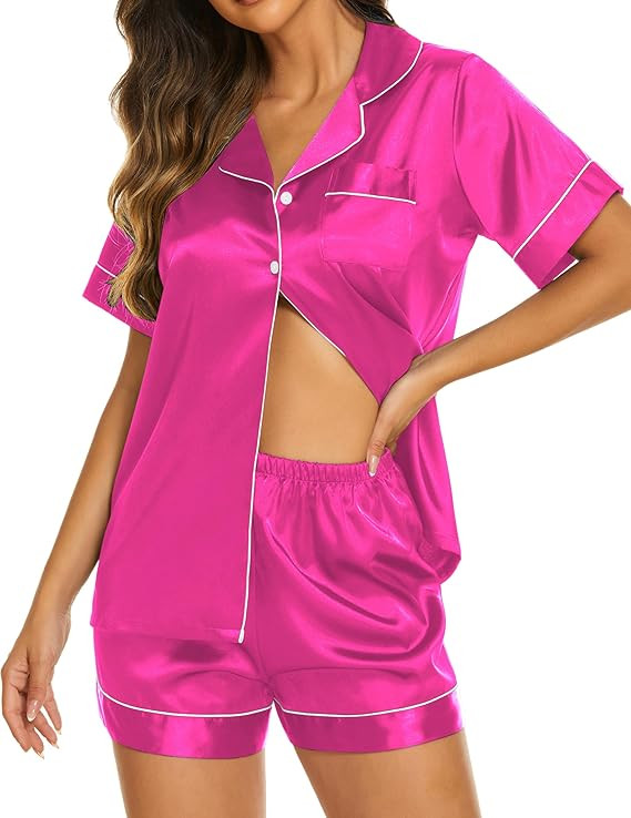 Ekouaer Womens Satin Silk Pajamas Set Short Sleeve Button Down Top and Shorts Sleepwear 2 Piece P... | Amazon (US)