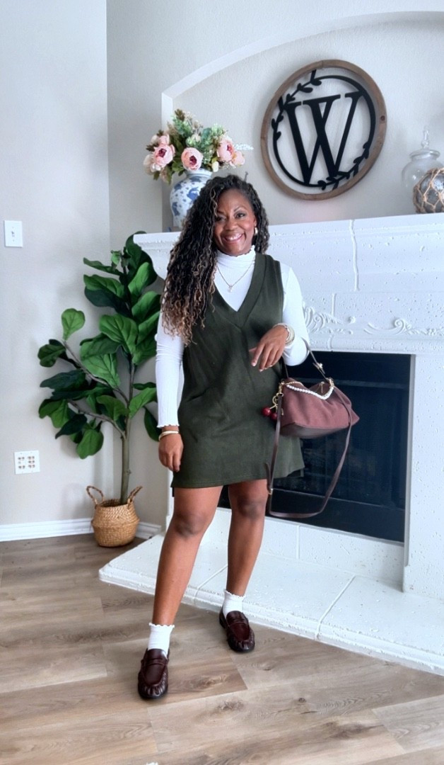 Sweater vest dress with mock neck, long sleeve, brown, suede purse, ruffle socks, and brown loafers

Perfect for Thanksgiving, fall, work, church, lots of outfits this season

#LTKFindsUnder50 #LTKStyleTip #LTKWorkwear
