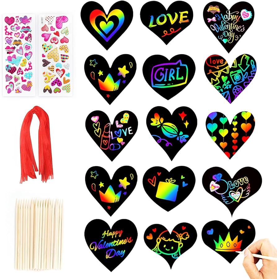 28 Pieces Valentines Crafts for Kids,Rainbow Scratch Paper Ornaments,Heart Shape Scratch Craft Ar... | Amazon (US)