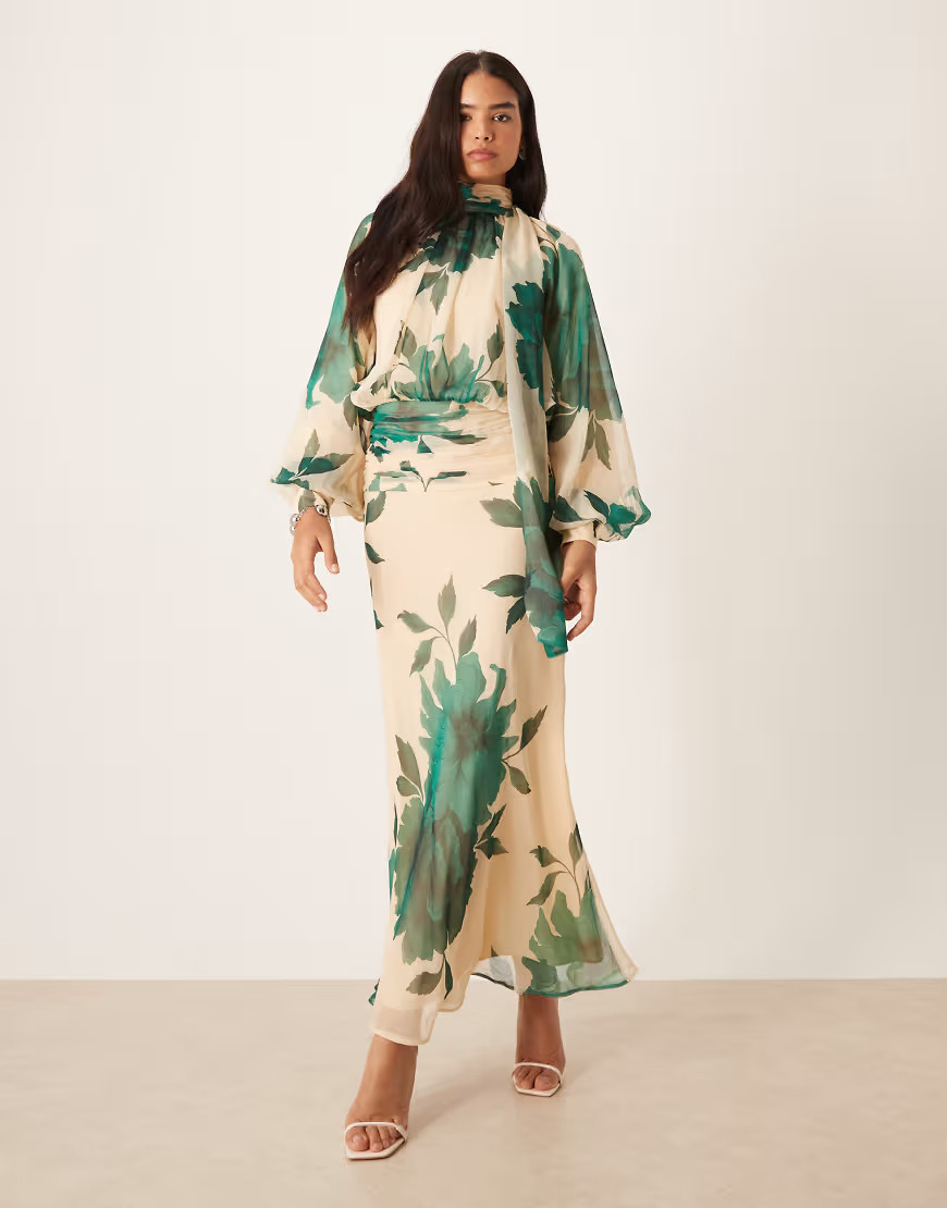 ASOS DESIGN high neck drape chiffon maxi dress with neck tie in green floral print-Multi | ASOS (Global)