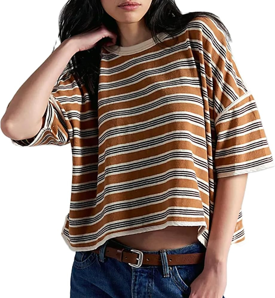 Oversized Striped Shirt Women Short Sleeve Striped T-Shirts Vintage Boxy Graphic Tee Shirts Cute ... | Amazon (US)