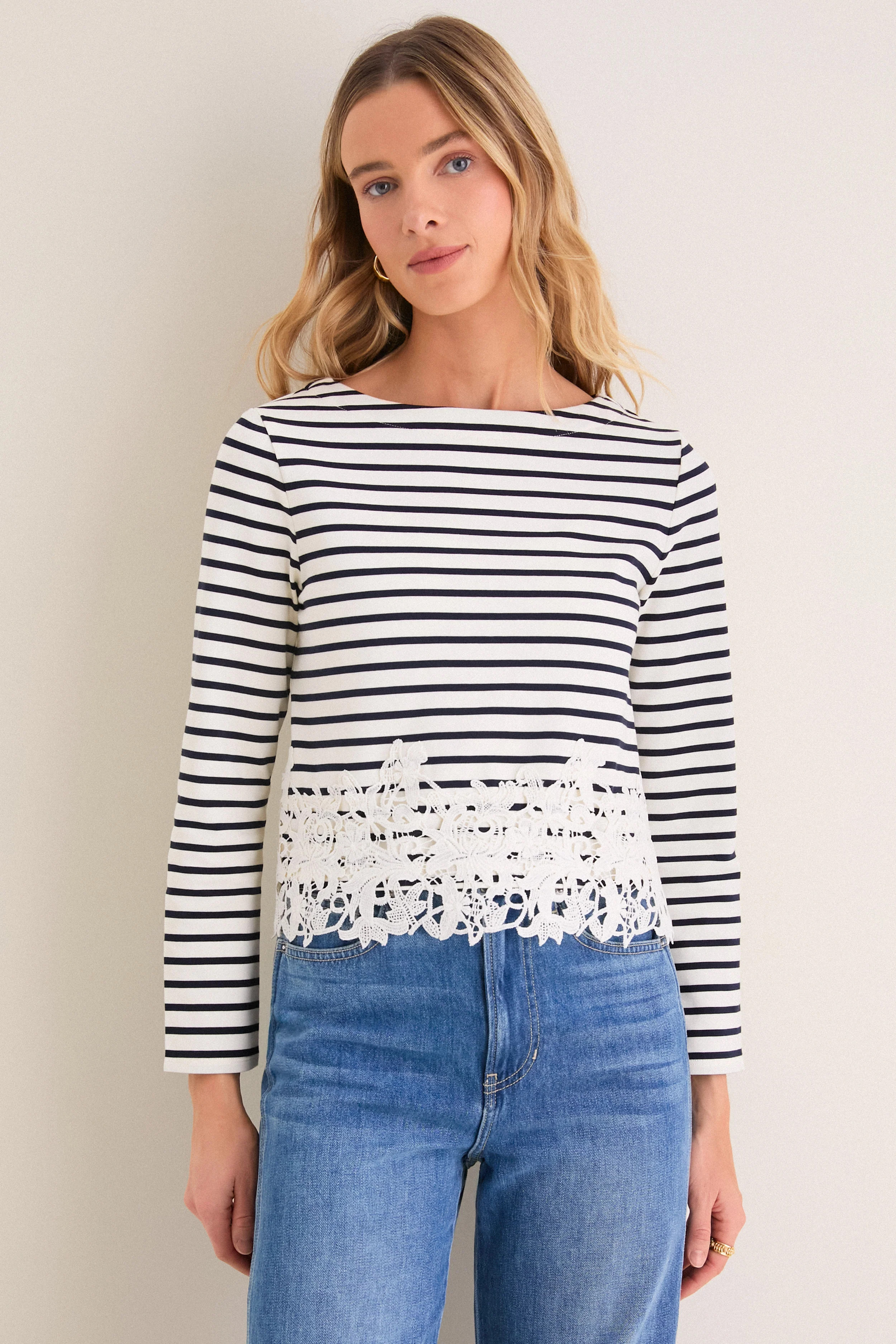 Dove and Navy Stripe Hovey Top with Lace | Tuckernuck (US)