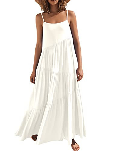 ANRABESS Women Summer Casual Loose Sleeveless Sundress Spaghetti Strap Flowy Boho Linen Beach Vacation Maxi Long Dress White Small | Amazon (US)