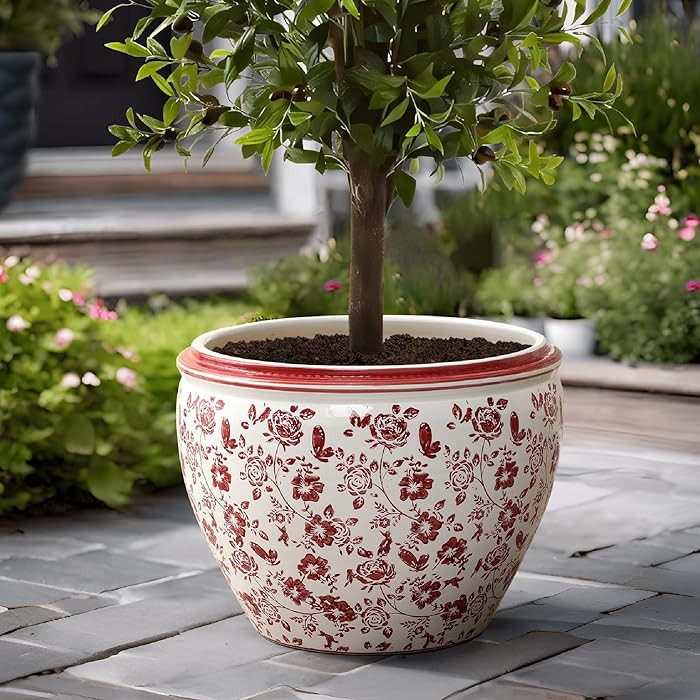 LuxenHome 17" Dia Round Ceramic Pots for Plants, Modern Red Floral Glazed Planters Pots with Drai... | Amazon (US)