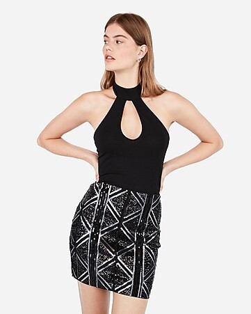 high waisted diamond sequin mini skirt | Express