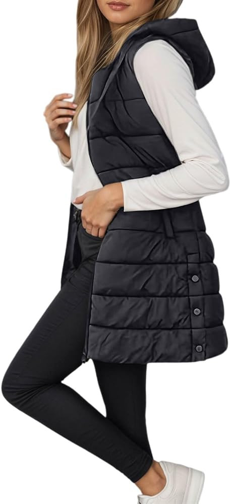 JiXiang Long Vest for Women Sleeveless Winter Warm Quilted Zipper Puffer Vest with Hood Padded Do... | Amazon (US)