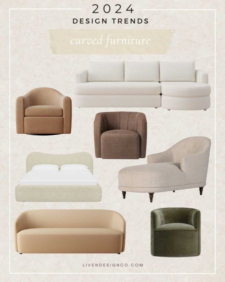 curved furniture. interior design trends. upholstered sofa. sofa with chaise. chaise. armchair. boucle chair. velvet chair. curved chair. modern chair. tufted chair. curved upholstered bed. curved loveseat. velvet chair. velvet sofa. green accent chair. living room. bedroom. traditional armchair. 

#LTKSeasonal #LTKhome #LTKstyletip