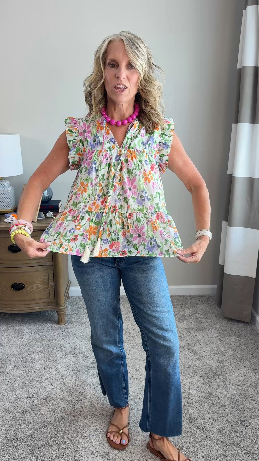 Super cute summer top, I’m wearing extra small and the jeans are a size 2 ￼

#LTKgrwm #LTKootd #LTKOver40