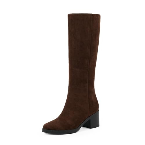 Easyfox Brown Boots for Women Chunky Heel Knee High Boots Low Heel Suede Tall Long Boot Block Heeled Chocolate Brown Boot Round Toe Dress Boot 2025 Size 6.5 | Amazon (US)